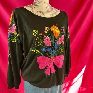 Vintage 1980s Eminent Black Beaded Floral Sweatshirt L Sequin Butterfly Dopamine